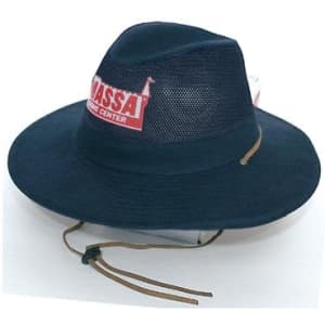 A navy collapsible cotton twill and soft mesh hat with a logo and a drawstring.