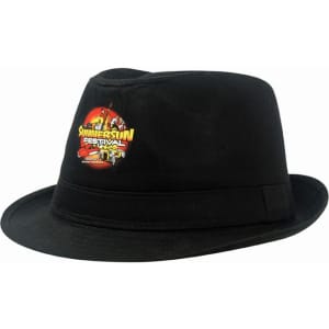 A black Fedora cotton twill hat featuring a logo on the front. The hat has a classic wide brim design.
