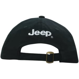 A black washed chino twill cap featuring a logo, with an adjustable strap at the back.