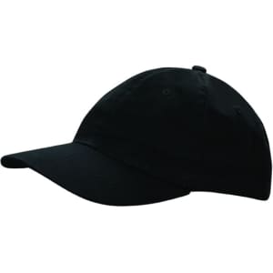 A black cap with a curved brim and a button top, featuring a logo on the side.