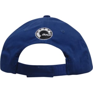 A blue brushed cotton cap featuring an embroidered logo on the back and an adjustable strap.