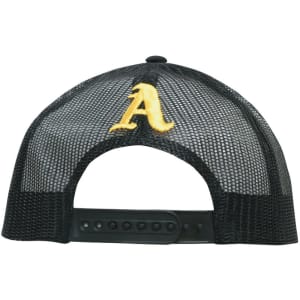 A black mesh cap featuring an embroidered yellow letter 'A' on the back and an adjustable strap.