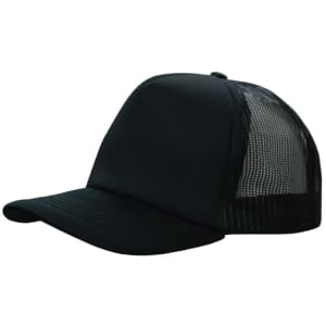 A black trucker mesh cap with a solid front and mesh back, featuring a curved peak.