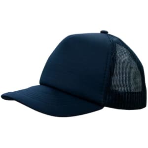A navy blue trucker mesh cap with a solid front and a breathable mesh rear. Features a logo on the front.