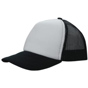 A black and white trucker mesh cap with a structured front and mesh back, featuring a logo on the front.