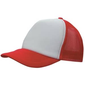 A red and white trucker mesh cap with a curved brim and a mesh back. It features a logo on the front.