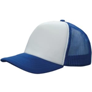 A blue and white trucker mesh cap featuring a solid front panel and a mesh back. It includes a logo.