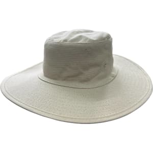 A white canvas hat with a wide brim and a structured crown, featuring a logo.