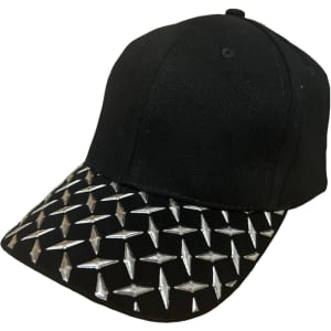 A black cap with a checker plate pattern on the peak, featuring metallic accents on the visor.