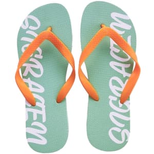 A pair of PVC beach flip flops in mint green with orange straps and white text. Features a logo.