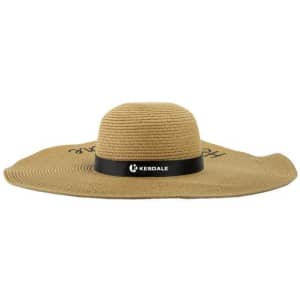 A wide-brim straw hat in beige with a black band and logo, featuring a textured weave design.