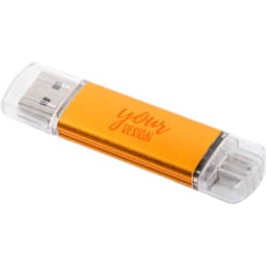An orange 2GB custom 2-in-1 USB flash drive with a transparent casing and a branding area.