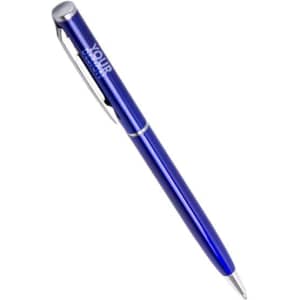 A blue metal ballpoint pen with a silver clip and branding on the barrel.