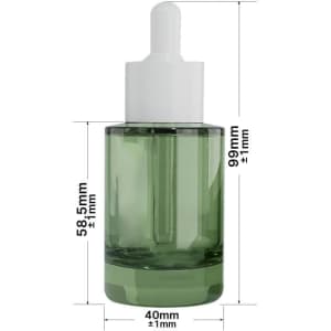 A green glass essential oil bottle with a white dropper, featuring measurement dimensions marked alongside.
