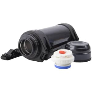 A drink bottle in black stainless steel with a removable lid and cap, featuring a logo.