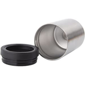 A drink bottle cooler featuring a stainless steel body and a black silicone base, with the lid removed.