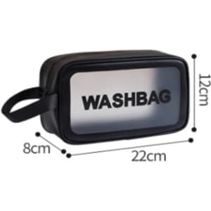 A transparent cosmetic toiletry bag in black with a zip closure, featuring a handle for easy carrying.