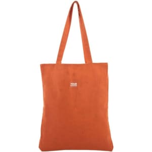 An orange double-sided reusable canvas grocery bag with two long handles and a logo.