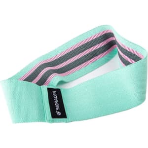 A green yoga resistance booty band with pink and grey stripes and a small logo.