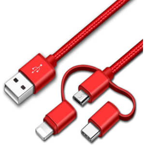 A red 3-in-1 USB charging cable with attachments for various devices. It features a braided design and a logo.