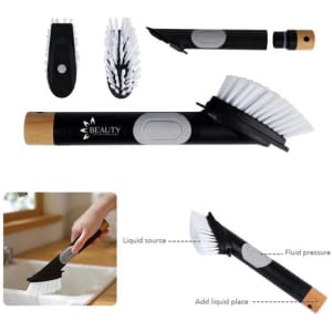 A black and wooden scrubber brush with multiple detachable heads for cleaning, featuring a liquid dispensing mechanism.