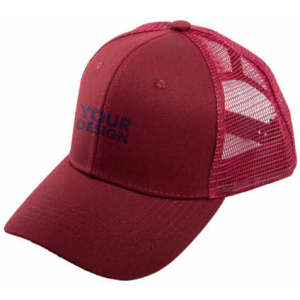 A burgundy custom mesh back baseball cap with a logo on the front and a mesh panel design.