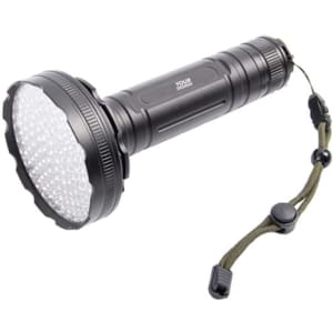 A black UV LED flashlight with a textured grip and a wrist strap, featuring a wide head with multiple light bulbs.
