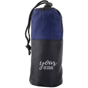 A double-sided fleece microfiber sports towel in black and blue, featuring a drawstring pouch and a logo.