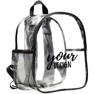 A clear waterproof backpack with a black trim and a side mesh pocket. It features a customizable design area.