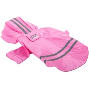 A bright pink PU reflective pet raincoat with grey stripes and a hood, featuring a logo.