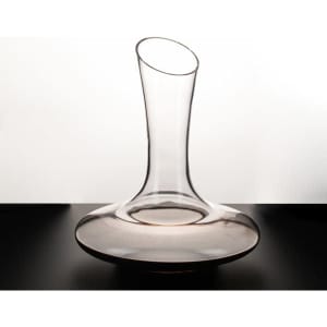 A glass 1.8L red wine decanter with a curved design, featuring a sleek and elegant shape.