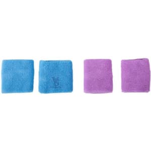 Four terry cloth cotton wristbands in blue and purple, featuring a branding logo on one of the blue bands.