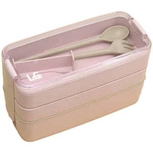 A 3-layer wheat straw bento box in pink with a fork and spoon nestled inside. Features a logo.