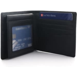 A black genuine leather wallet featuring card slots and a transparent ID window. It has a logo visible inside.