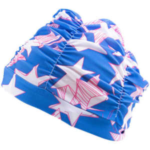 A pleated long hair swimming cap in blue with pink and white star patterns, featuring a logo.