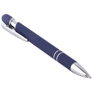 A navy blue stylus pen with a chrome clip and tip, featuring a smooth, sleek design and a logo.