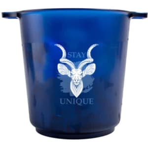 A blue ice bucket with a handle and a logo on the front, designed for leisure and outdoor use.