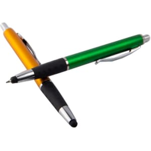 A green and gold 2-in-1 touch screen writing pen with a black grip, featuring a logo on the barrel.