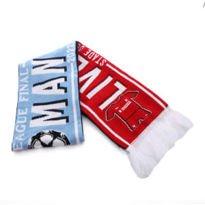 A custom knitted fan scarf featuring blue and red sections with a logo, designed for sports enthusiasts.