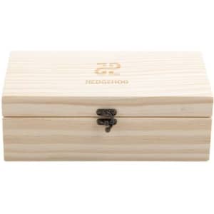 A wooden essential oil storage case with 18 slots, featuring a natural wood finish and a metal clasp.
