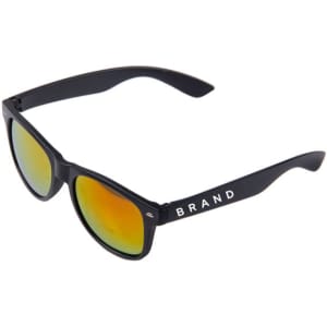 Unisex custom sunglasses with black frames and reflective yellow-orange lenses, featuring a branding logo on the side.