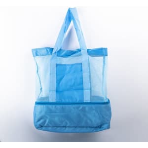 A large custom mesh beach bag featuring a light blue upper section and a darker blue base, with sturdy handles and a logo.