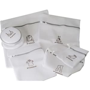 A set of six white double-layer mesh laundry bags in various sizes, featuring zippers and illustrations.