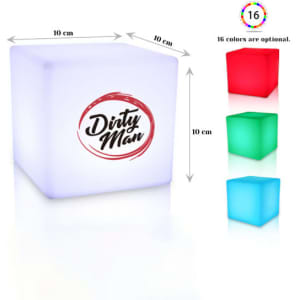 A custom light glow cube in white, featuring a logo, with optional colours including red, green, and blue.
