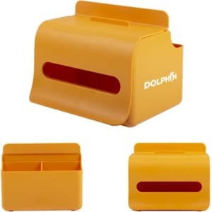 A multifunctional tissue box in bright orange with a rounded design and a logo, featuring storage compartments.