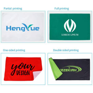 A custom microfiber rally towel in various colours, showcasing partial and full printing options and logo placement.