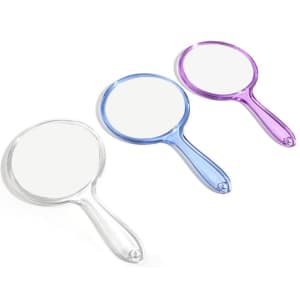Three handheld mirrors in clear, blue, and purple colours, featuring a smooth handle and a reflective surface.