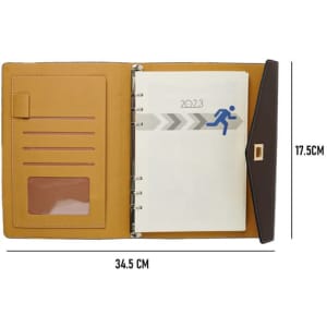 A PU leather trifold envelope padfolio in brown and tan, featuring a ring binder and various pockets for organisation.