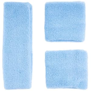 A blue three-piece sport sweatband set, including one headband and two wristbands, with a fuzzy texture.