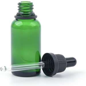 A green glass dropper bottle with a black droplet attachment beside it. The bottle has a simple design and includes a logo.